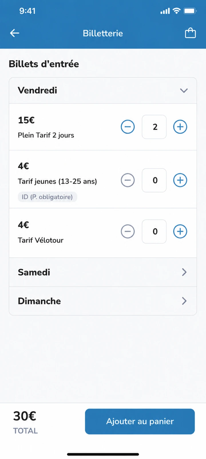 Sélection d’un billet dans la billetterie mobile Connect’Events