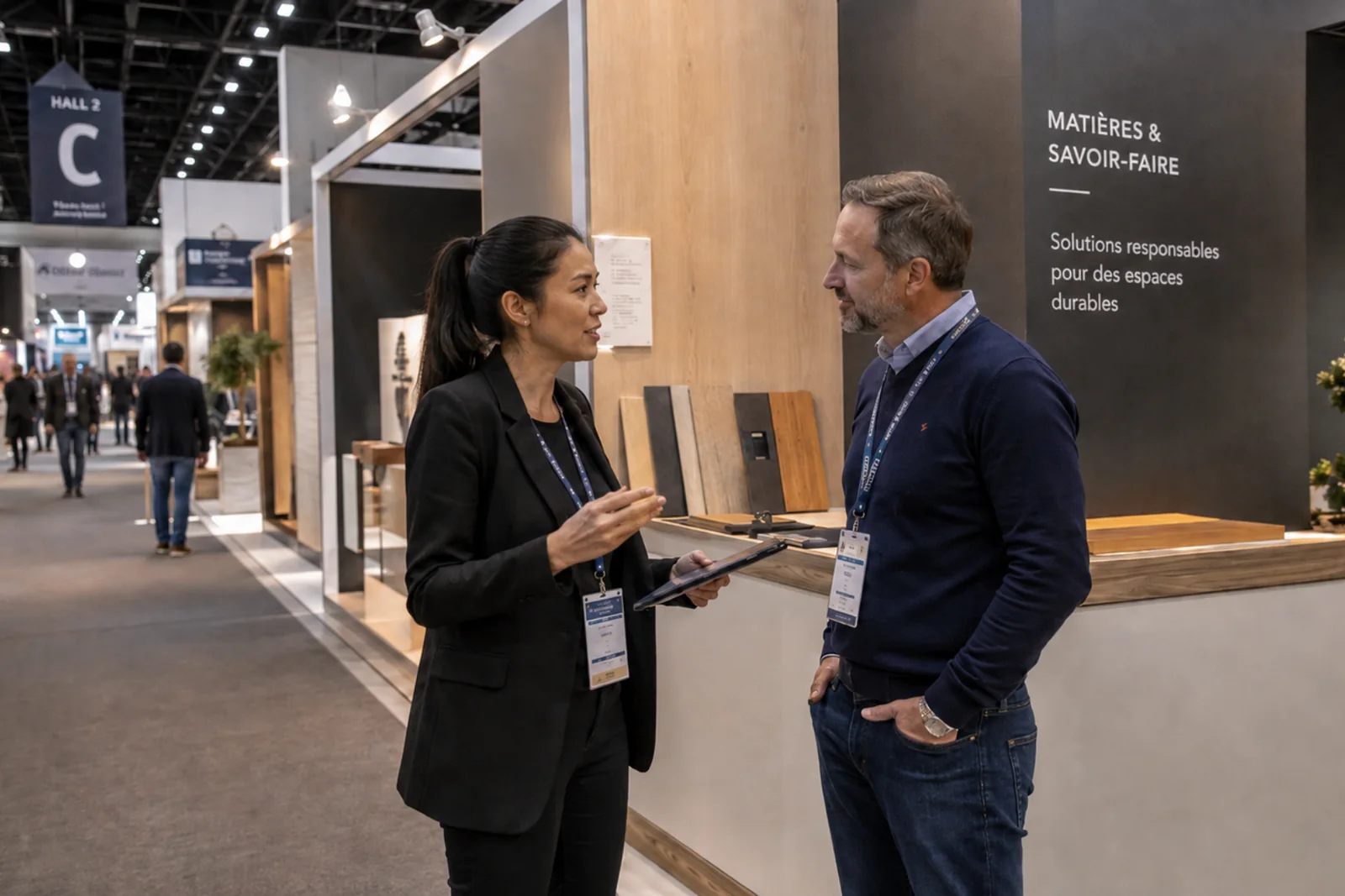 Échange entre une organisatrice et un exposant dans une allée de salon
