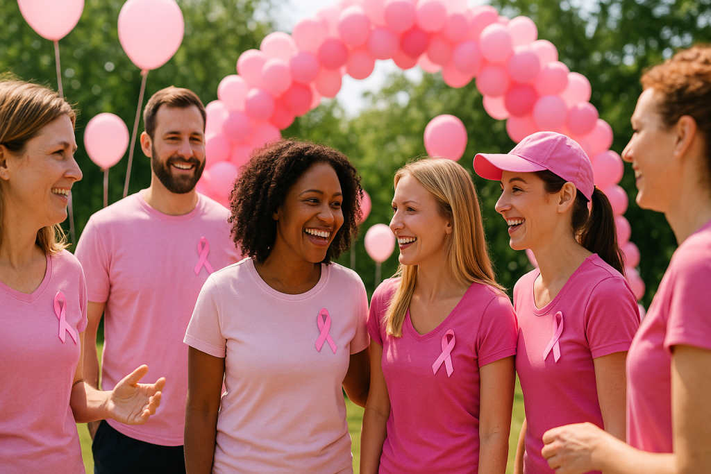 Groupe de participants vêtus de rose et portant le ruban rose, réunis sous une arche de ballons lors d'un événement solidaire Octobre Rose.