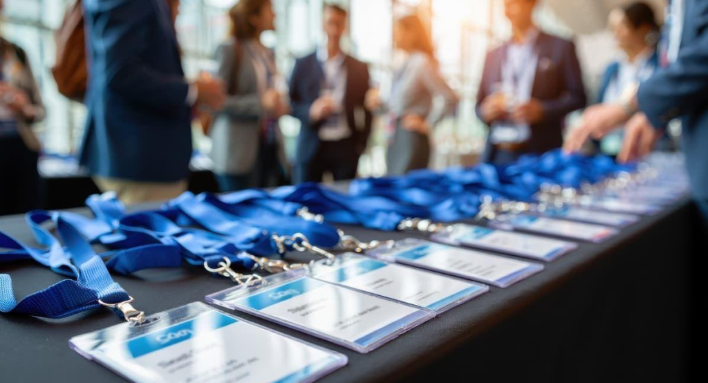 Badges d'identification et documents de conférence disposés sur une table avant l'accueil des participants